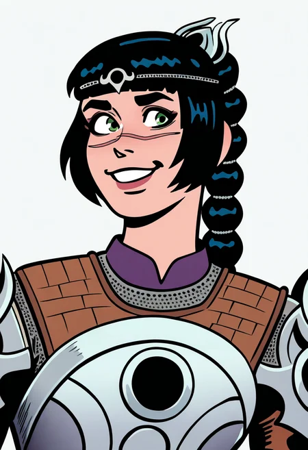 best quality, amazing quality, very aesthetic, absurdres,
BREAK
1girl, solo, shadowheart, black hair, braided ponytail, green eyes, scar on face, circlet, armor,
smile, looking at viewer, upper body, simple background, white background, <lora:ShadowHeartIllustrious_byKonan:1>, <lora:DanDecarloNoob_byKonan:1>
