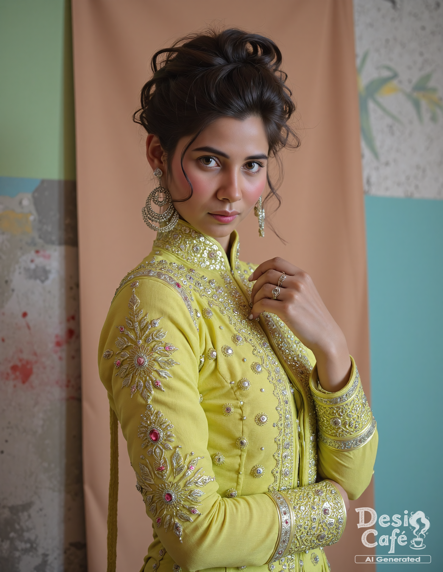 black and white photo of z4hr4h kh4n woman, hyper realistic photo that is safe for work, power pose, studio quality image with natural colors, well dressed wearing intricate long sleeved Lime Gota Patti Suit (Rajasthani embellished dress), hair styled as  messy pixie,muted pastel shaded multicolored background that contrasts with the person, cinematic lighting,âââââ âââ <lora:z4hr4h_kh4n_Zahrah_Khan_Flux_Kohya_V1:1>âââ