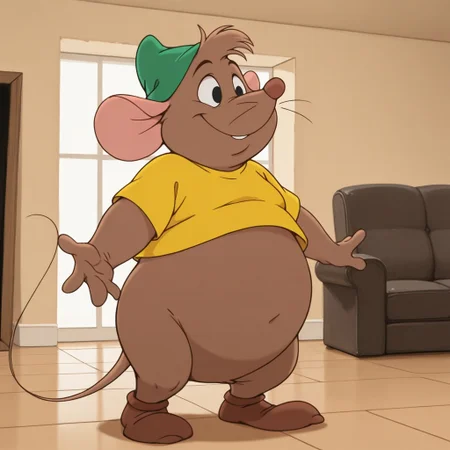 masterpiece, best quality, amazing quality, gusgus, male, furry male, solo, anthro, mouse, brown fur, short hair, black eyes, brown nose, whiskers, buck teeth, tail, chubby, green hat, yellow shirt, brown shoes, standing, smile, indoors, living room