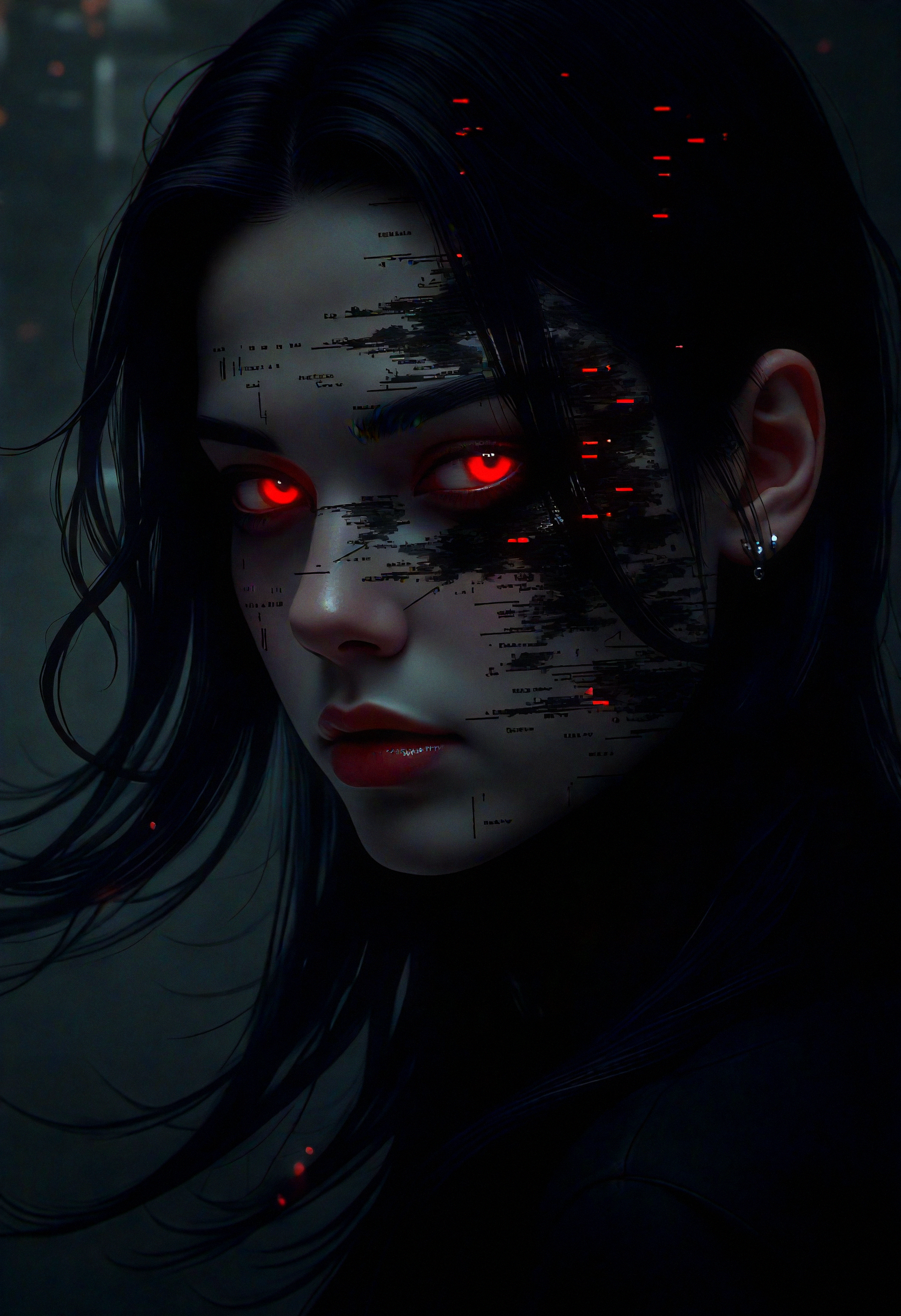 bo-abyss, A hyperrealistic portrait of a character with glowing red eyes, their face gradually dissolving into digital fragments. The character has long, flowing dark hair that moves as though caught in a digital breeze. Surrounding the face are glitch patternsâcode-like lines and red highlightsâintersecting with the skin, giving the appearance of the character being part human, part digital entity. The lighting is cold and minimal, with the glow from the eyes casting a faint red hue on the glitching parts of the face. The background fades into a dark, fragmented digital space, creating a surreal and eerie mood., <lora:Flux\boFLUX digital-abyss.safetensors:1.0:1.0>