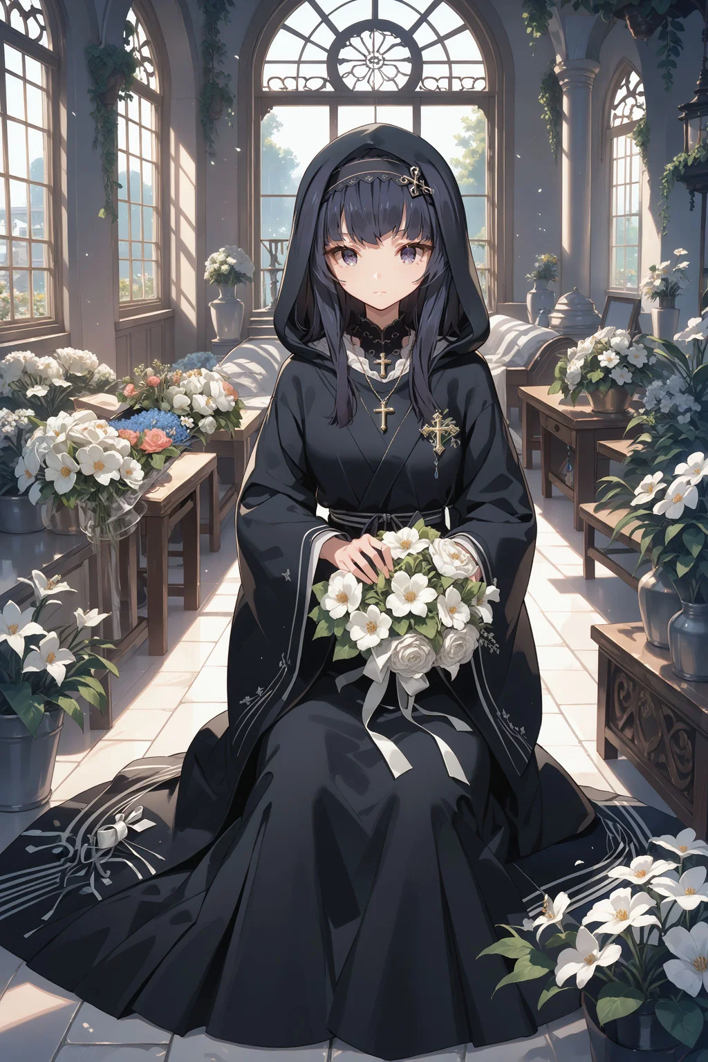 score_max, (score_9, score_8_up, score_7_up:1.2), score_6_up, official art, source_anime,
, masterpiece, absurdres, high detail, 8k,
garden, white room, white flower, waterway, arch window, sunbeam,
sitting on floor, holding bouquet, expressionless, praying, looking at viewer,
curren, black hairband, sister, hood up, black robe, wide sleeves, cross necklace, long skirt,
<lora:XL_Pony_gomaotsu-curren-t1:1>
