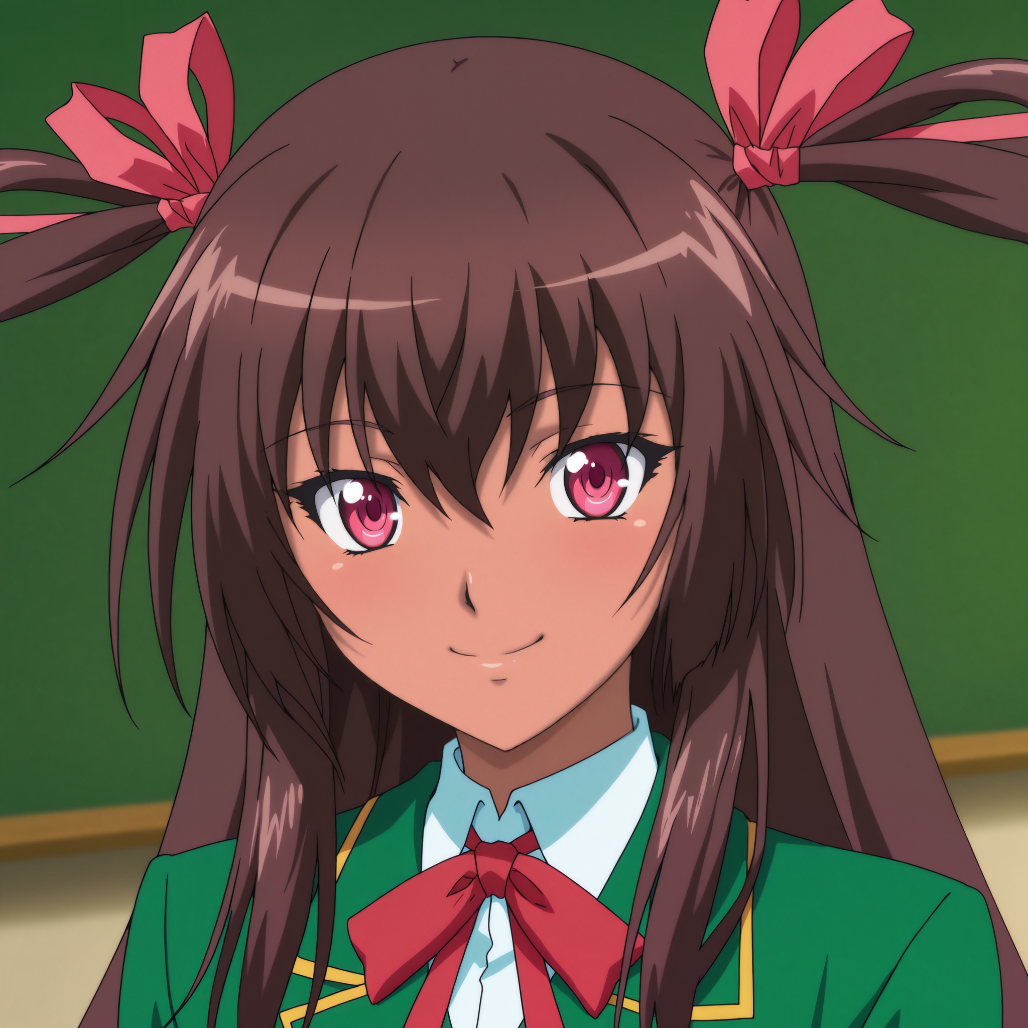 mizuki_yukikaze/(h-anime/), 1girl, brown hair, ribbon, dark skin, hair ribbon, twintails, smile, long hair, looking at viewer, twintails, pink eyes, school_uniform/(ty/)