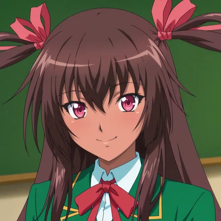 mizuki_yukikaze/(h-anime/), 1girl, brown hair, ribbon, dark skin, hair ribbon, twintails, smile, long hair, looking at viewer, twintails, pink eyes, school_uniform/(ty/)