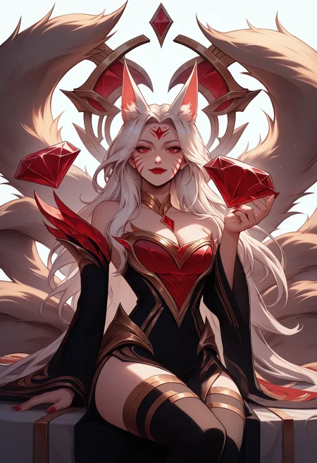 score_9, score_8_up, score_7_up, chaos emerald, holding, gem, holding gem, <lora:ChaosEmeraldHolding_pdxl_Incrs_v1:1>, <lora:Ahri_ImmortalizedLegend_pdxl_Incrs_v1:0.8> ahriImmortLgnd, animal ears, facial mark, fox tail, multiple tails, long hair, white hair, red eyes, large breasts, red lips, red nails, forehead mark, pendant, Dress, bare shoulders, detached sleeves, long sleeves, wide sleeves, cleavage, thighhighs, thinking, seductive smile, sitting,