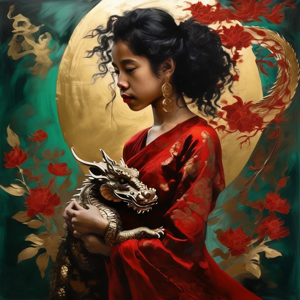 Modern beautiful biracial girl in an asymmetrical dress, with her small pet Chinese dragon curled around her arm. double exposure. Luminous spotlighting and deep jade and rich red colours, gold leaf highlights. Masterpiece, very fine detail, ink and oil pastel,