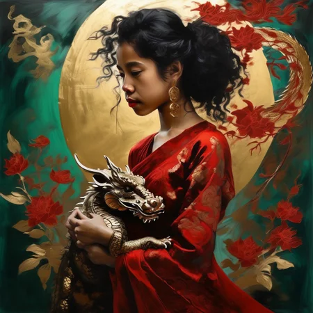 Modern beautiful biracial girl in an asymmetrical dress, with her small pet Chinese dragon curled around her arm. double exposure. Luminous spotlighting and deep jade and rich red colours, gold leaf highlights. Masterpiece, very fine detail, ink and oil pastel,