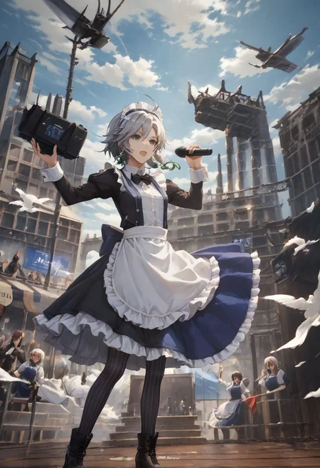 score_9,score_8_up,score_7_up,score_6_up,source_anime, <lora:Worldly_XL:1>
<lora:epic_anime_scenery_v0_1:0.4>, ((izayoi sakuya green maid uniform bass:1.4)), ((izayoi sakuya blue maid uniform guitar:1.4)), ((izayoi sakuya koumajou densetsu drums:1.4)), ((kikuchi makoto tuxedo vocals microphone:1.4)), (rock concert in factory hall), (kikuchi makoto jumps into audience), sptolights, light effects, laser beams, 
((4girls:2)), dynamic pose, skinny, 
<lora:Banpai Akira_XL:0.80> 
colour coordinated, blue/green guitar, blue/green eyes, silver hair, blue/green bows, blue/green bowtie, blue/green maid uniform, puffy sleeves, white detachable collar, wrist cuffs, white apron, green maid uniform, white maid headdress, black thighhihgs, left thigh strap,
black drumset, drumsticks, grey eyes, expressionless, silver hair, twin braids, grey bows, flat chest, long vertical striped black jacket with grey buttons, black skirt, garter straps, left thigh strap, black vertical stripes thighhighs, black boots, grey fingerless gloves, pocket watch, vertical stripes, striped, 
<lora:KikuchiMakoto_pony_v1:0.9> kkcmkt, short hair, black hair, antenna hair, hair between eyes, black eyes, flat chest, small breasts, <lora:falling_pony:1> best_falling, jumping, diving into audience, singing, microphone, skinny, black tuxedo, black trousers, white blouse, black bowtie, black shoes, delicate strappy heels, 
<lora:StS_detail_slider_v1:4>, zPDXL, zPDXL-neg