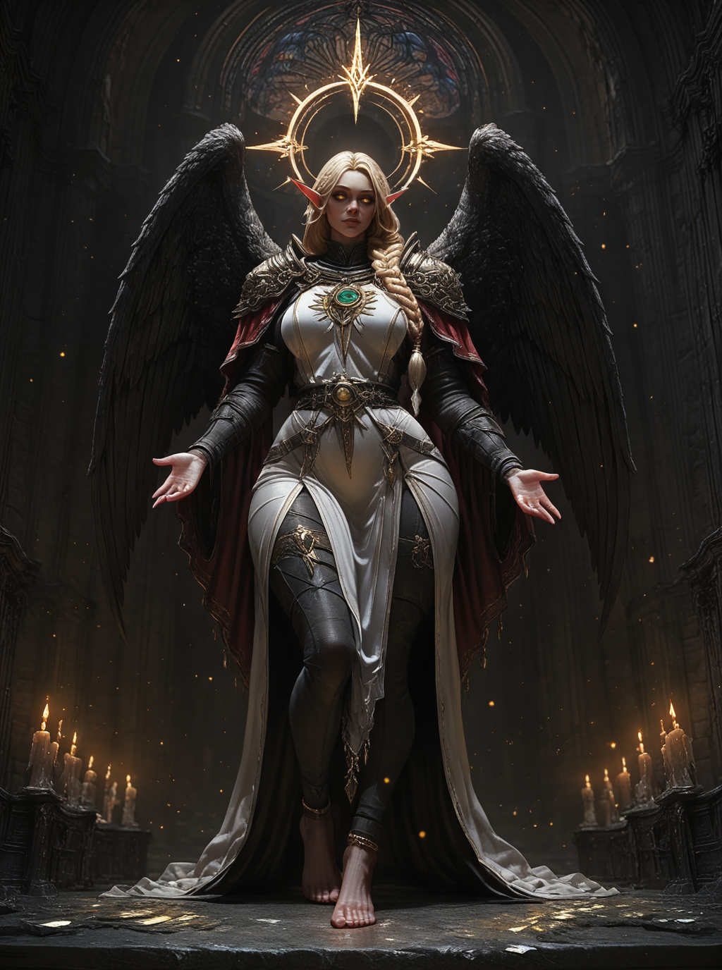 sref3709623716, dark, full body of elf woman wearing white tabard and red capelet, nose, lips, pauldrons, blonde, single braid, wide hips, legwear, barefoot, anklet, glowing angel wings, glowing halo, yellow eyes, particles, night, dark atmosphere, temple indoors, candles, stained glass windows, solo, glass shards, dynamic pose <lora:sxz-sref3709623716:0.85>