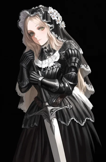 1girl, solo, long_hair, looking_at_viewer, blonde_hair, dress, holding, green_eyes, flower, weapon, sword, black_dress, armor, black_background, gauntlets, bonnet