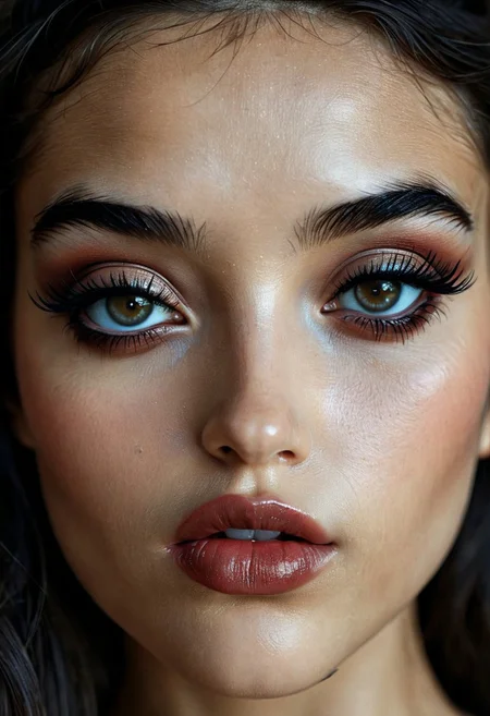 An instagram quality photo, flux-style:
A young woman with long, dark hair, dark eyes, and full lips, wearing heavy makeup, expression of defiance and lust, close-up portrait, sharp focus, dramatic lighting, 
MODEL: (Marie Avgeropoulos:0.6), (Katja Herbers:0.5)