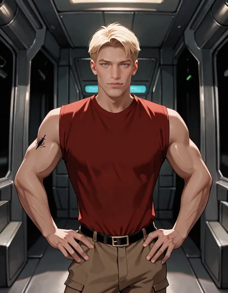 masterpiece, best quality, newest, perfect quality, best quality, detailed background, intricate details, male focus, realistic, <lora:Titan AE - Cale Tucker - Illustrious-000007:0.7>, titan_cale, 1boy, mature male, blonde hair, very short hair, hazel eyes, arm tattoo, sleeveless red shirt, spacecraft interior, belt, brown pants, standing, upper body, looking at viewer, contrapposto, muscular, hands on hips