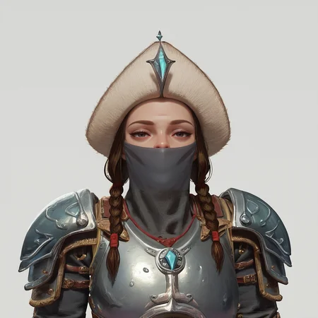 score_9, score_8_up, score_7_up, bust,
IceGuard, mature woman, voluptuous, armor, helmet, mask, braids,
looking at viewer, lidded eyes,
blank white background,
<lora:Ice_Guard:1>