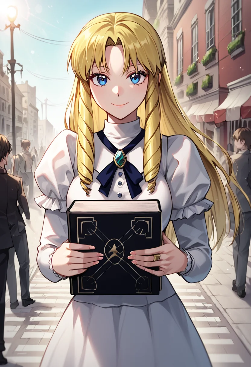 sherry_belmont, blue eyes, drill hair, long hair, blonde hair, loose hair, straight hair, medium breasts,sherry_white_dress
BREAK
outdoors, city street background
BREAK
cowboy shot, looking at viewer, standing,closed mouth, sexy smile, front view,flirty, magic_book, holding a black magic book
BREAK
score_9, score_8_up, score_7_up, source_anime ,zPDXL, <lora:Sherry_Belmont:0.8>, perfect hand, high res image,masterpiece,best quality,girl,cute face,clear skin,shiny hair,ultra detailed eyes