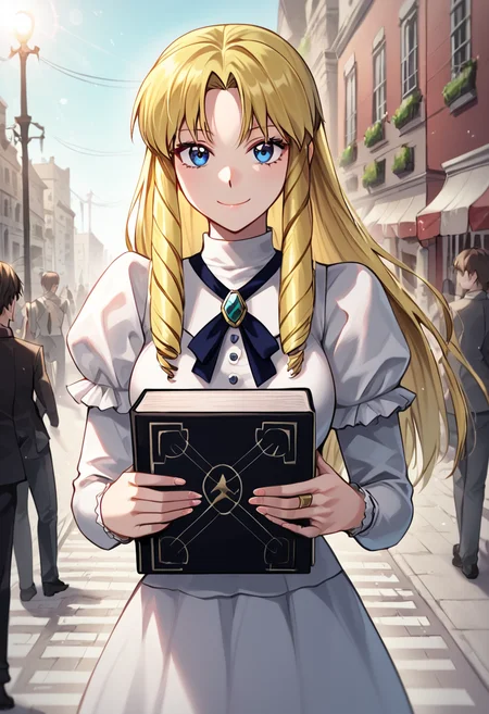 sherry_belmont, blue eyes, drill hair, long hair, blonde hair, loose hair, straight hair, medium breasts,sherry_white_dress
BREAK
outdoors, city street background
BREAK
cowboy shot, looking at viewer, standing,closed mouth, sexy smile, front view,flirty, magic_book, holding a black magic book
BREAK
score_9, score_8_up, score_7_up, source_anime ,zPDXL, <lora:Sherry_Belmont:0.8>, perfect hand, high res image,masterpiece,best quality,girl,cute face,clear skin,shiny hair,ultra detailed eyes