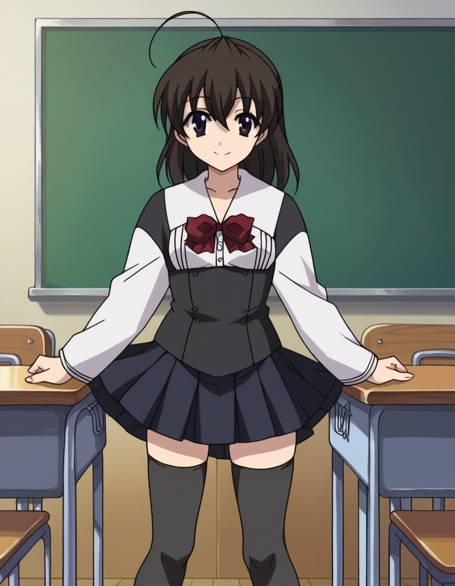score_9, score_8_up, score_7_up, source_anime,
sekaisaionji, <lora:sekai-saionji-ponyxl-lora-nochekaiser:1>,
sekai saionji, black hair, brown eyes, ahoge, smile,
skirt, thighhighs, school uniform, shoes, black thighhighs, zettai ryouiki,
indoors, classroom,
looking at viewer, cowboy shot,