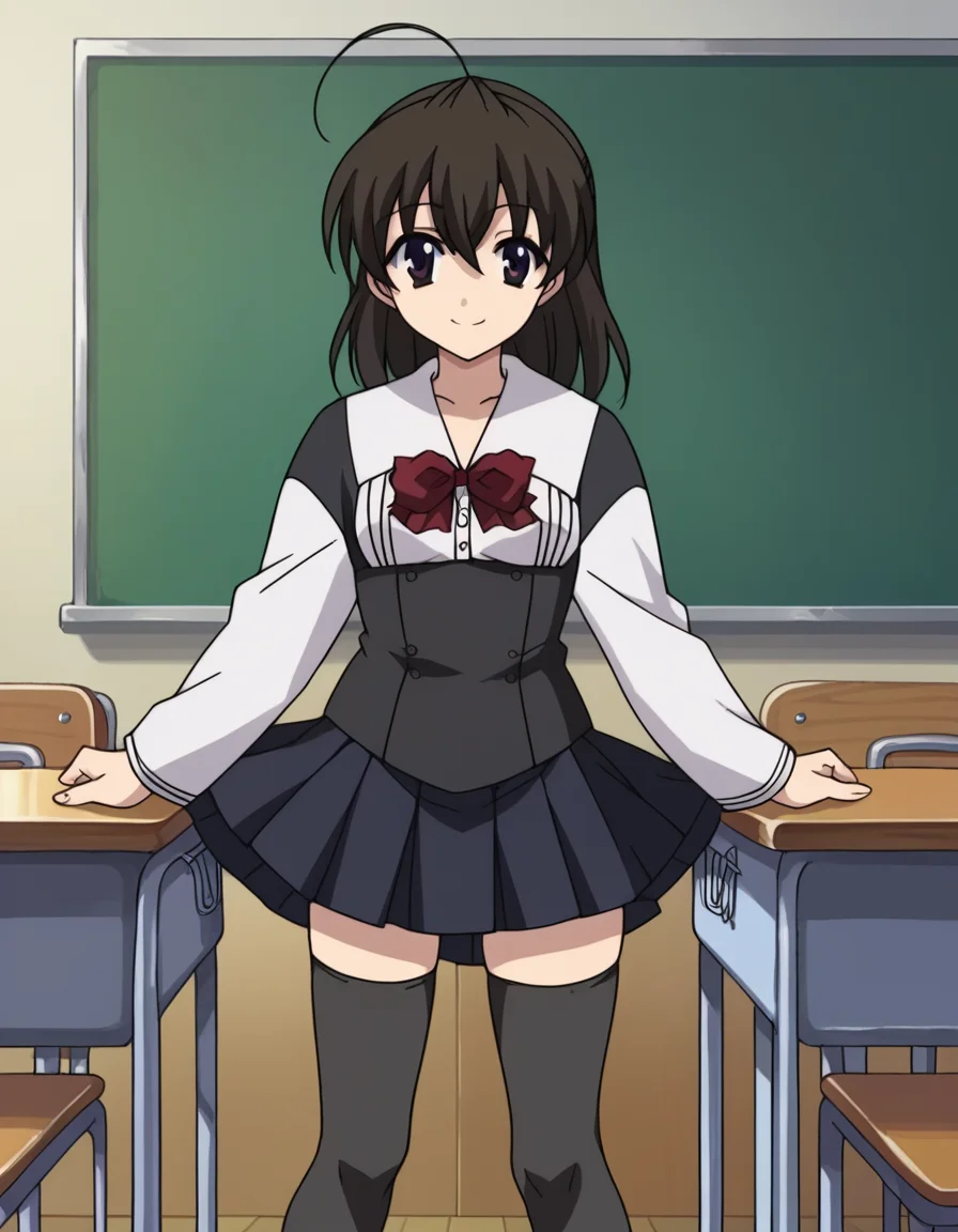 score_9, score_8_up, score_7_up, source_anime,
sekaisaionji, <lora:sekai-saionji-ponyxl-lora-nochekaiser:1>,
sekai saionji, black hair, brown eyes, ahoge, smile,
skirt, thighhighs, school uniform, shoes, black thighhighs, zettai ryouiki,
indoors, classroom,
looking at viewer, cowboy shot,