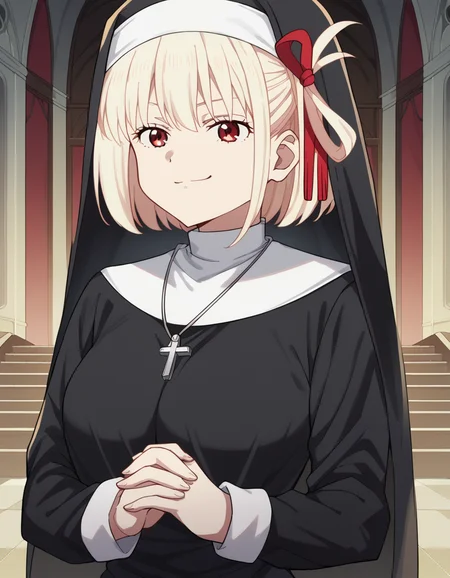 score_9, score_8_up, score_7_up, source_anime, chisatonishikigi, <lora:chisato-nishikigi-s1-ponyxl-lora-nochekaiser:1>, chisato nishikigi, short hair, bangs, blonde hair, red eyes, hair ribbon, one side up, bob cut, large breasts,, <lora:traditional-nun-ponyxl-lora-nochekaiser:1>, traditional nun, nun, habit, long sleeves, dress, black dress, jewelry, black veil, cross, cross necklace,, church, smug, praying,, cowboy shot