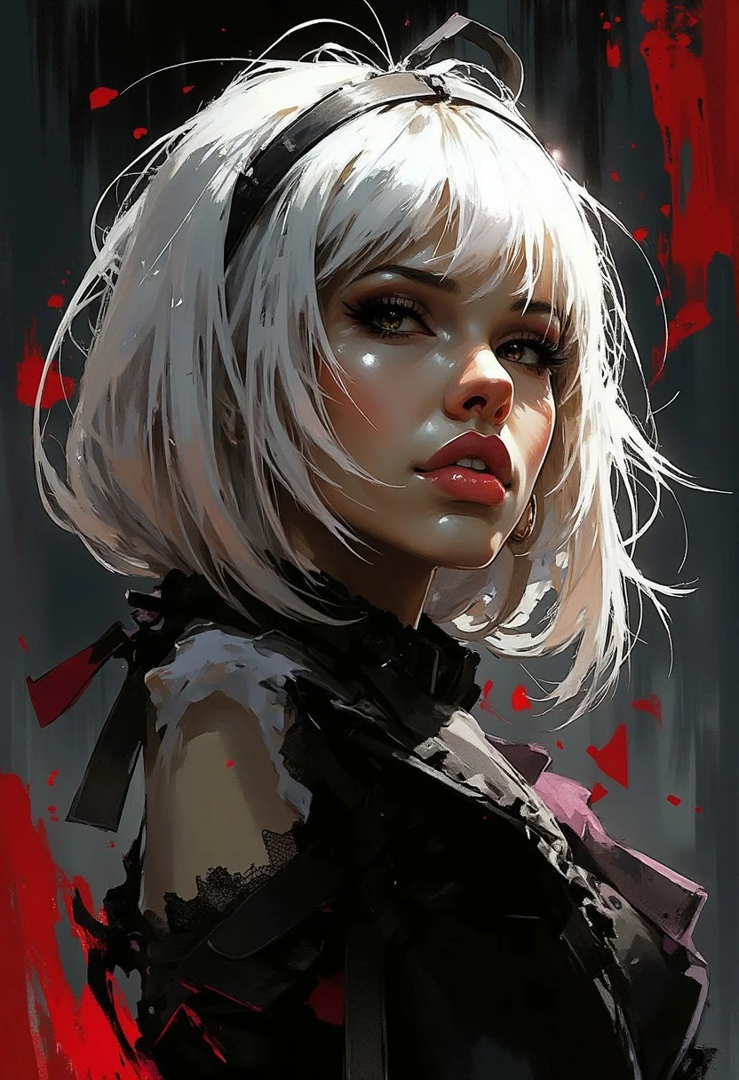 Silhouette Art, breathtaking detailed, masterpiece, awe-inspiring, radiant, magnificent, dark background, photorealistic portrait of stunning oriental female vampire, queen, long white bob, bangs, lips parted, showing slightly bared fangs, seductive, sultry, lustful, sexy leather and lace, silhouetted, light hitting one side of face, the other side in darkness