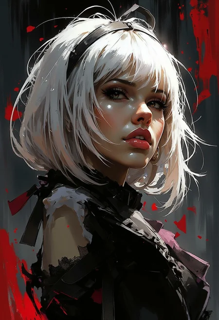 Silhouette Art, breathtaking detailed, masterpiece, awe-inspiring, radiant, magnificent, dark background, photorealistic portrait of stunning oriental female vampire, queen, long white bob, bangs, lips parted, showing slightly bared fangs, seductive, sultry, lustful, sexy leather and lace, silhouetted, light hitting one side of face, the other side in darkness