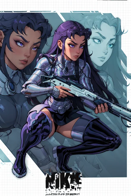(masterpiece, best quality, absurdres, 4k, aesthetic, detailed, intricate, perfect lighting), IncrsNikkeProfile,1girl,furrowed brow,blackfire,long hair, vambraces, armored, thigh boots,full body, zoom layer, holding weapon, holding gun, one knee <lora:DC_Blackfire-DEF:0.8> <lora:NikkeProfile:1>