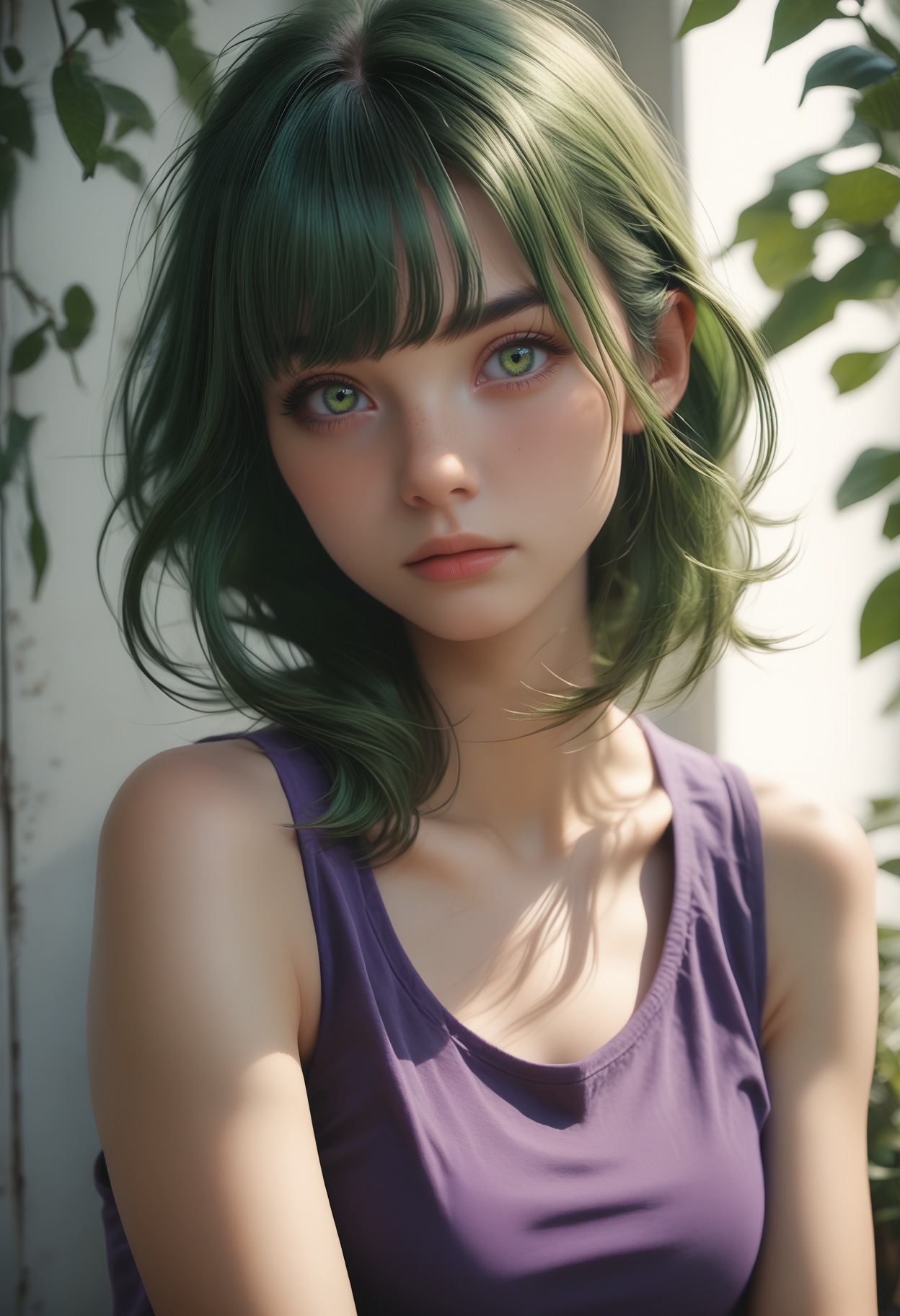score_9, score_8_up, score_7_up, rating_safe,
1girl, solo, purple tank top,
 <lora:Dark_Sylvie_Pony_v0.1:0.5> d4rksylv13, bangs, green hair, green eyes,