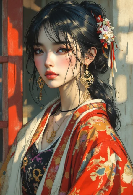 OBxiaoxiang, inksplash portrait of stunning oriental princess stting outside shinto shrine, long hair, sidelocks, bangs, hair ribbon,  earrings, necklace, choker, red and gold kimono, direct gaze, light hitting one side of face, gradient colour background, Japanese kanji
