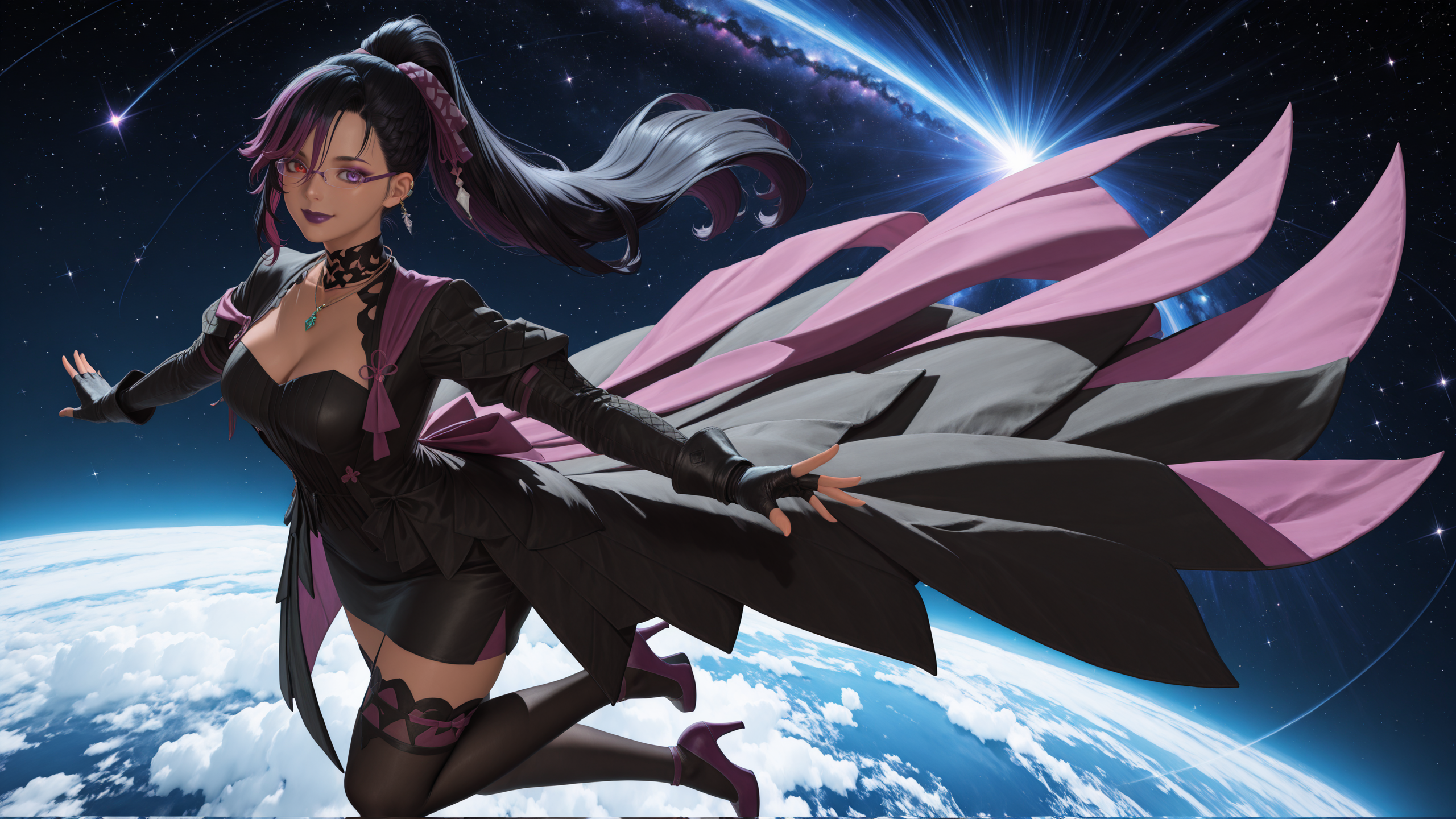 <lora:cfg_scale_boost:.7>,masterpiece, best quality, absurdres, highres, newest, full body, 1girl, solo, space, floating hair, floating clothes, floating, looking at viewer, smile,   outstretched arms,  pencil skirt, back bow, <lora:Armet_Daraco_IL:1>hyurarmet, heterochromia, red eyes, purple eyes, eyeshadow, purple lipstick,cleavage, medium breasts, long hair, multicolored hair, black hair, purple hair,streaked hair, two-tone hair,dark-skinned female, high ponytail,  purple ribbon, necklace, single earring,  black fingerless gloves, black thighhighs, black dress, showgirl skirt,  hair ribbon, high ponytail, long sleeves, lace choker, purple high heels, purple glasses, semi-rimless glasses,