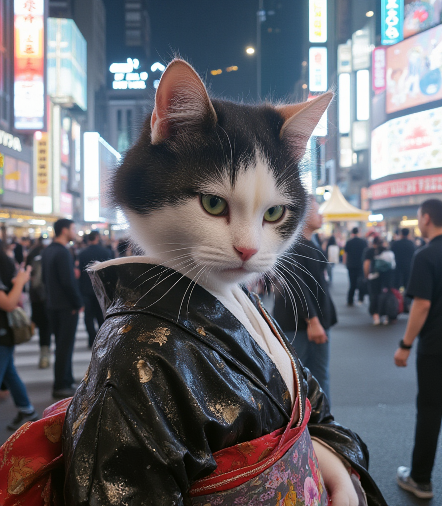 <lora:testo1:1> cyberpuk, photo of a cute cat geisha with a detailedf nice japanese outfit in a crowded futuristic city, portrait, wet, night