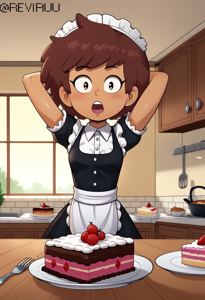 Reviruu, CHANNEBOONCHUY,
wearing maid uniform, maid headdress, feeding, food, open mouth, incoming food, looking at viewer, holding fork, cake, one hand behind head, indoors, in a kitchen, dynamic angle