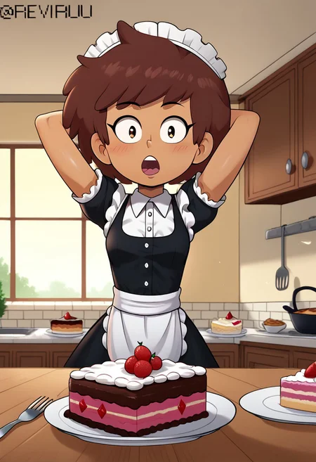 Reviruu, CHANNEBOONCHUY,
wearing maid uniform, maid headdress, feeding, food, open mouth, incoming food, looking at viewer, holding fork, cake, one hand behind head, indoors, in a kitchen, dynamic angle