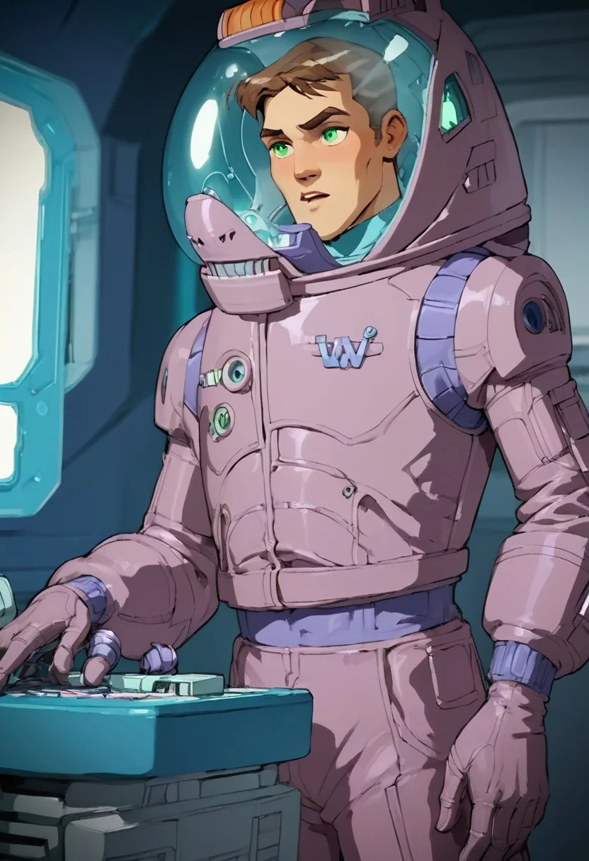 zPDXL2, score_9, score_8_up, score_7_up, 1boy, timscam_ts!, brown hair, short hair, green eyes, spacesuit, helmet, science fiction, spaceship interior, cockpit, control, buttons