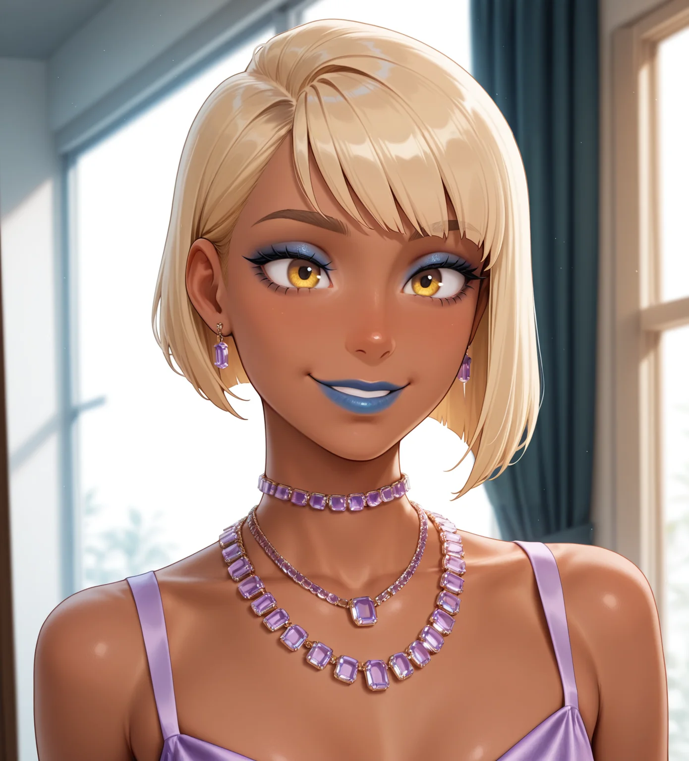 1boy, Rapunzel\(Movie\) style, (Pixar\(movies\):1.15), masterpiece,best quality,amazing quality, volumetric light, newest, Perfect detailed face, solo,
an illustration of a confident dominant Transgirl, Trap, Feminized boy, blonde, skinny, asymmetrical bob-cut, Yellow eyes, dark skin, blue lipstick, blue mascara, voluminous hair, long body, mature, smile, small flat breasts,
<lora:Swarovski_mathemagical_Purple:0.8> purple jewelry, (necklace, multiple necklaces, choker:1.2), portrait, big necklace,
BREAK Masterpiece, best quality, amazing quality, HDR, 4K, volumetric light, newest, Perfect detailed face, Pixar\(movies\), Disney Princess,