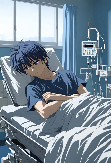 Anime Style, easynegative, detailed_eye_model, Highres, Masterpiece, High Quality, 4K, 8K, solo, 1boy, Tomoya Okazaki, Deep Blue Eyes, Grey Blue Hair, inpatient room, supine, patient, soft light, hospital, medical furniture, sleep, pale, infusion, tired, sick, uncomfortable