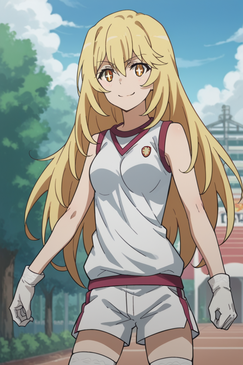 score_9, score_8_up, score_7_up, source_anime,
misakishokuhou, <lora:misaki-shokuhou-s3-ponyxl-lora-nochekaiser:1>,
misaki shokuhou, blonde hair, hair between eyes, long hair, symbol-shaped pupils, yellow eyes, smile,
bare shoulders, gloves, gym shirt, gym shorts, gym uniform, shirt, short shorts, shorts, sleeveless, sleeveless shirt, thighhighs, tokiwadai school gym uniform, white gloves, white shirt, white shorts, white thighhighs,
outdoors, sports festival,
looking at viewer, cowboy shot, dutch angle, dynamic pose,