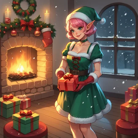 score_9, score_8_up, score_7_up, score_6_up, score_5_up, score_4_up, zPDXL2,source_anime,rating_questionable,indoors, fireplace, cozy, smile, <lora:Christmas_Elf:0.7> 3lf, pointy ears, gift box, short hair, christmas, pink hair, hat, dress, choker, snowing, gloves, snow, elf, holding