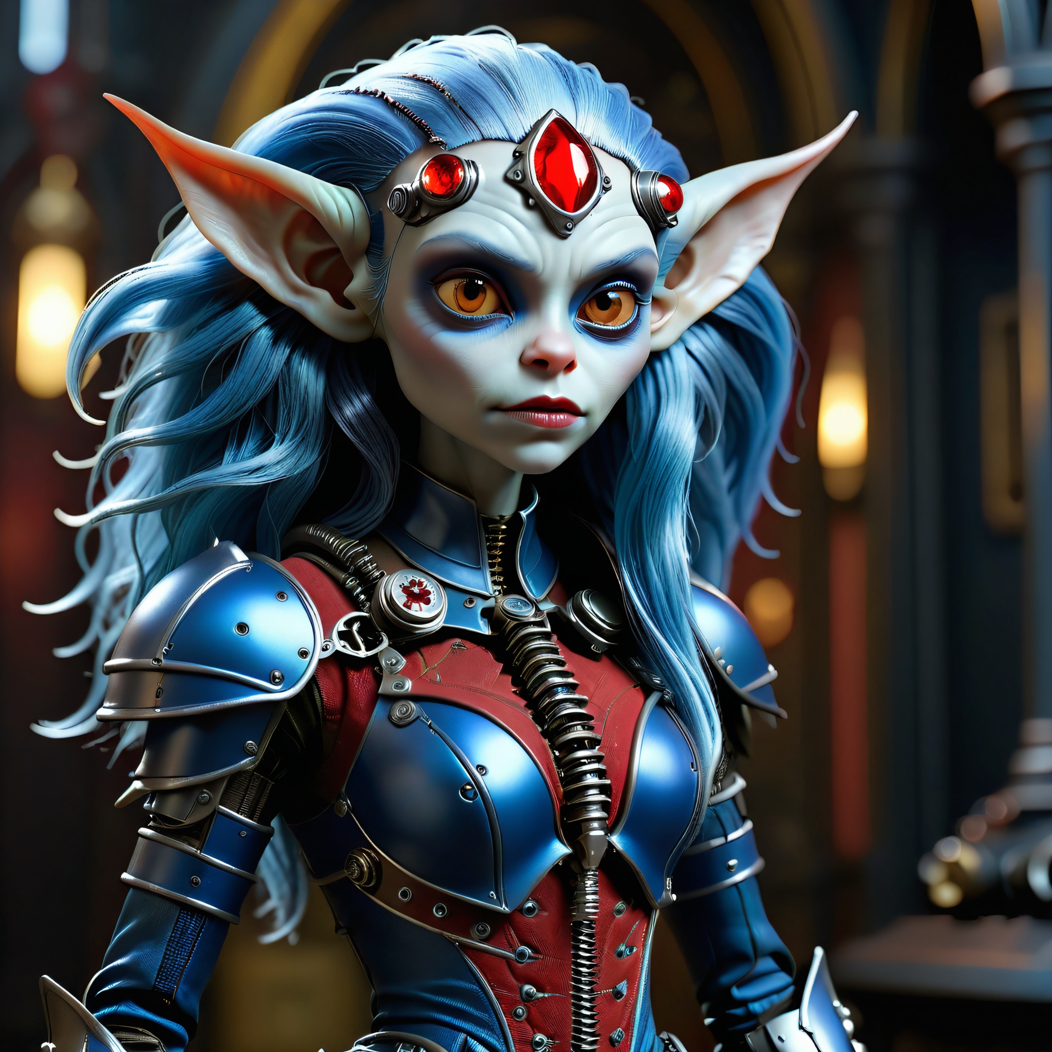 masterpiece, intricate photo of chritmas female mechanical alien android gremlin in knight armor, long blue hair, vampire clothing, nosferatu dress, cyberpunk style, steampunk style, gothic art, red blue dress, hyper realistic, highly detailed, sharp focus, best quality, 8K