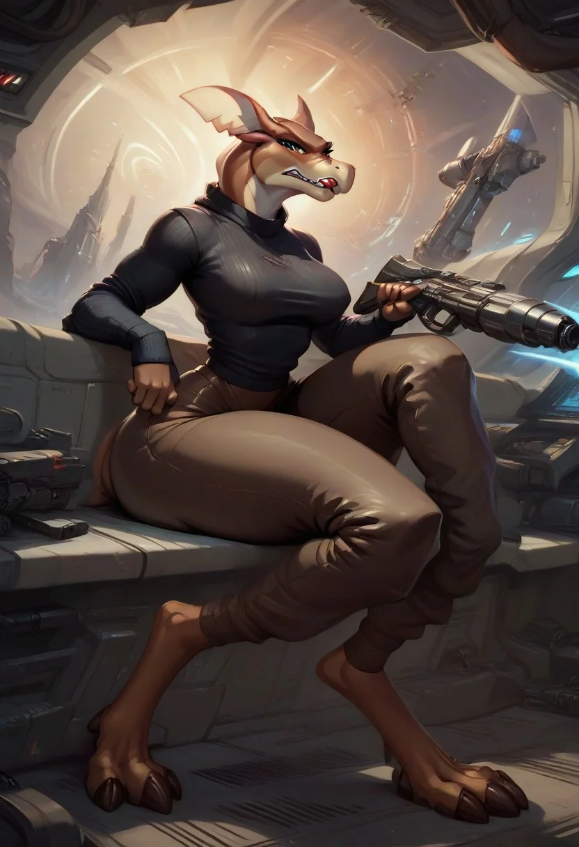 score_9, score_8_up, score_7_up, score_6_up, score_5_up, score_4_up, masterpiece,sexy girl, Stith_Titan_AE, ((scifi,spaceship, gun turret, sitting at turret)), (((very detailed gun))), looking at viewer, seductive expression, black sweater, thick thighs,anthro,white skintight pants, jewelry, full body view, (determined), red tongue, pink makeup,side view, close up view,solo