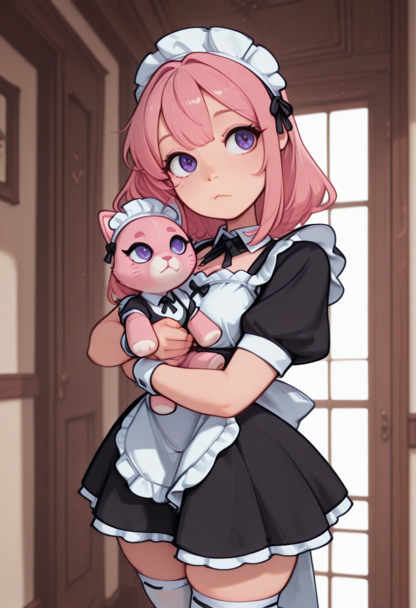 masterpiece, best quality, newest, absurdres, highres, smoove /style/, female, CivChan, purple eyes, pink hair, (maid uniform:1.5), thighhighs, white, holding a cat plushie,