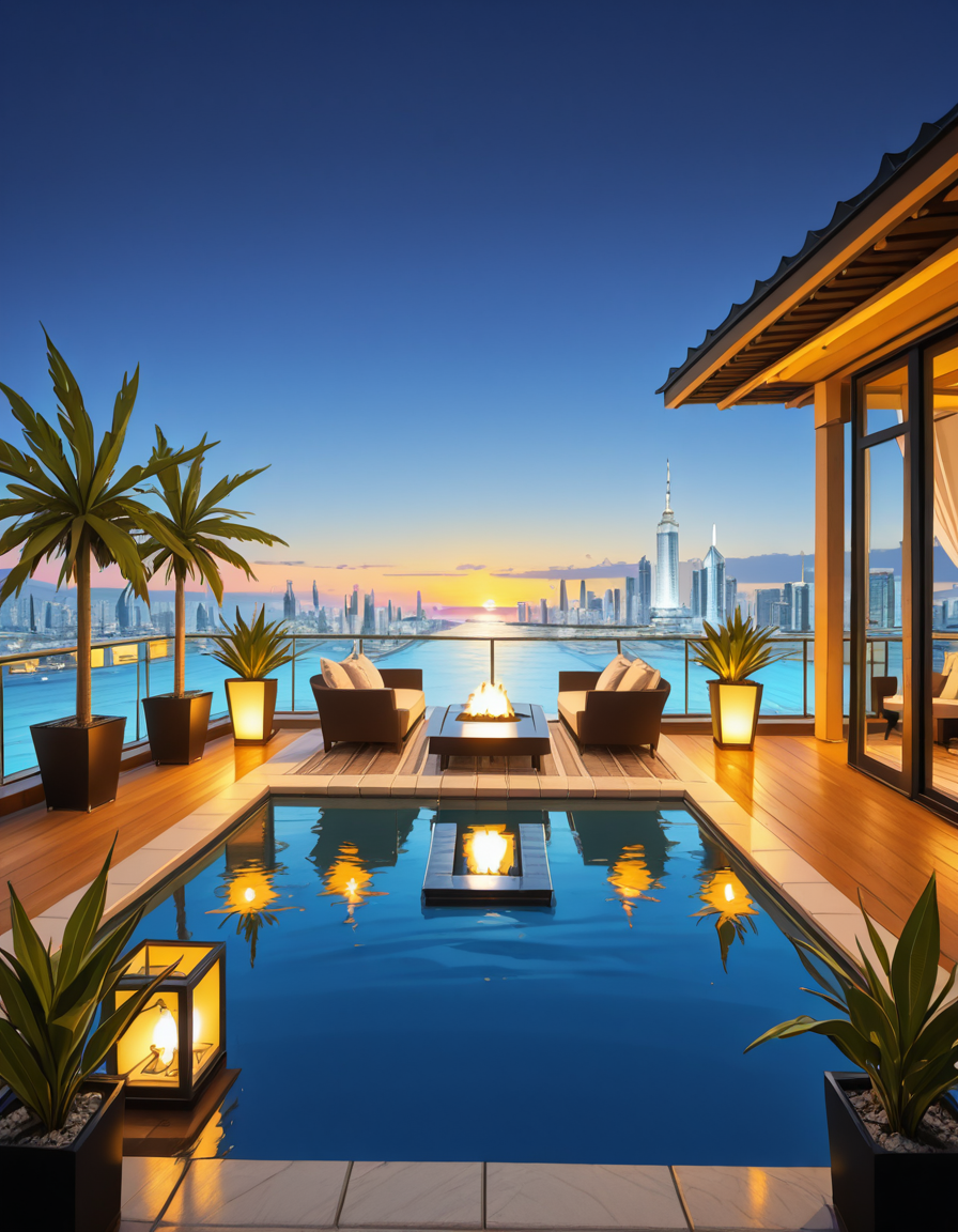 A breathtaking photo of a luxurious private rooftop at sunset, designed in a modern and elegant architectural style. The rooftop features a large infinity pool with crystal-clear water reflecting the warm golden hues of the sky. Surrounding the pool are plush, oversized lounge chairs with soft white cushions, neatly arranged under stylish wooden pergolas with flowing white curtains. In the background, a panoramic city skyline with shimmering skyscrapers stretches across the horizon. Ambient string lights hang delicately overhead, casting a soft, romantic glow. A chic outdoor bar with marble countertops is positioned on one side, decorated with fresh tropical plants and golden lanterns. The atmosphere feels serene and exclusive, with subtle reflections on the polished wooden floor. The lighting is a perfect mix of natural sunset tones and ambient soft white lights. The overall mood is peaceful, sophisticated, and inviting, ideal for an elite gathering or private escape.
<lora:SDXLFaeTastic2400:0.4> <lora:extremely_detailed:0.4> extremely detailed, <lora:luxurious_pr1v4t3_r00ft0p-i:1>,luxurious pr1v4t3 r00ft0p, Masterpiece,best quality,hi res,8k,hi res,8k,award winning,(sharp focus, intricate, highly detailed),