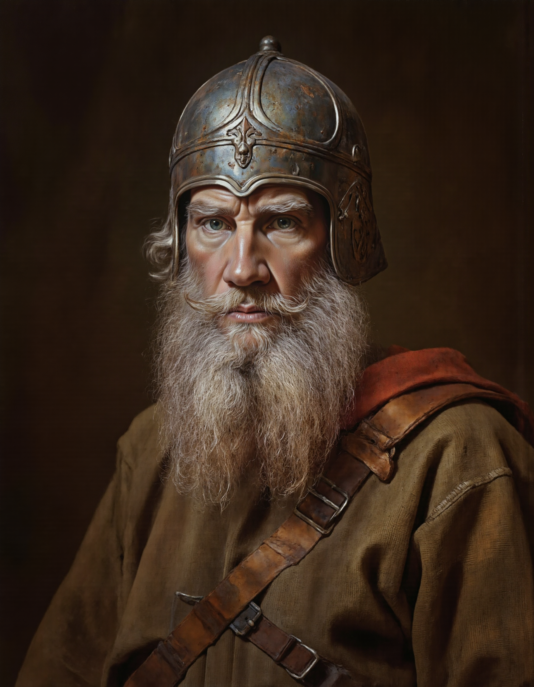 Rembrandt style <lora:DB:1>, This is a highly detailed digital painting of an elderly man with a rugged, weathered appearance. He is adorned in ancient Roman or Greek-style armor, featuring a metallic helmet with intricate, ornate designs and a stylized face on the front. The helmet's surface is polished to a reflective sheen, showcasing the craftsmanship and antiquity of the piece. The man's facial expression is stern and contemplative, with deep-set eyes and a thick, bushy white beard that cascades down to his chest. His skin is tanned and wrinkled, indicating years of exposure to the elements. He wears a brown leather tunic, which is visible around his shoulders, with a strap across his chest that secures the armor. The background is a blurred, gradient mix of dark browns and blacks, emphasizing the subject without distracting from his detailed features. The texture of the armor and the man's skin is rendered with meticulous attention to detail, highlighting the realism and historical accuracy of the artwork. The overall style is realistic with a slight emphasis on hyperrealism, capturing the essence of ancient warriors and their equipment in a contemporary digital medium., <lora:t0lst0y:1> . Baroque, chiaroscuro, realistic, emotional, "flat lighting