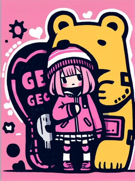 masterpiece, best quality,
cute doodle, 1girl, yellow background, skirt, pink hair, heart, hat, bear, backpack, long sleeves, shoes, standing, blush, solo, blush stickers, jacket, short hair, limited palette, bangs, socks, black eyes, bag, full body, simple background <lora:cutedoodle_XL-000012:0.8>