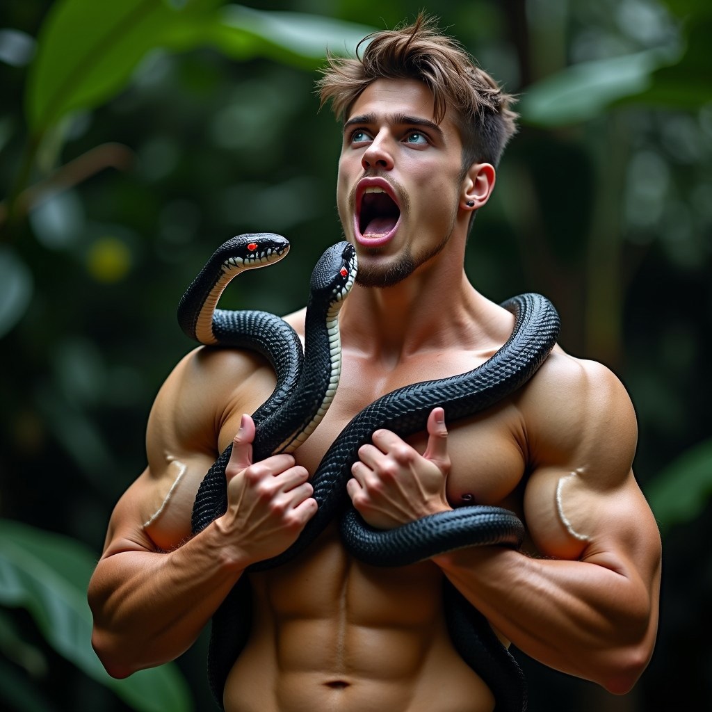 a distant zoomed out shot of a beautiful 18yo male scandanavian bodybuilder snake-swallower tarzan who is shirtless, he has a deep plunging neckline that shows his massive pecs and deep cleavage and his rippling abdominals, his arms are bare, his eyes are bright blue. A giant black scaleless snake with glossy skin is coiled around his body,, another snake is coiled around his arms, the snakes have glowing red eyes, the snakes are muscular, they are in a fjungle. full body shot, cover model looks, skin details, ultrarealistic, hyperdetailed photography, short brown hair in a messy style, vibrant lighting, bulging muscles, glossy tan muscles, serious expression, his waist is narrow, narrow hips, barefoot, bofth of the  man's arms are raised out to the side as he flexes his massive biceps, in a skimpy loincloth, the man's mouth is open wide as a snake crawls in, the man swallows the snake, the snake slithers into the man's mouth