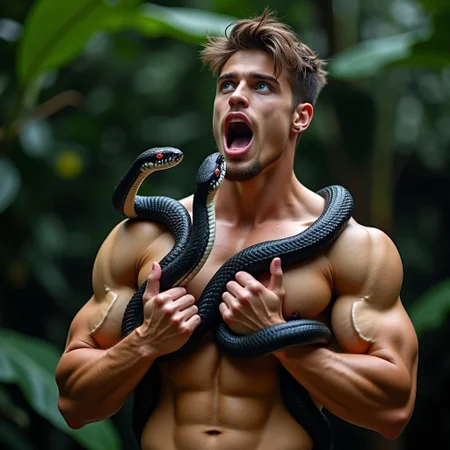 a distant zoomed out shot of a beautiful 18yo male scandanavian bodybuilder snake-swallower tarzan who is shirtless, he has a deep plunging neckline that shows his massive pecs and deep cleavage and his rippling abdominals, his arms are bare, his eyes are bright blue. A giant black scaleless snake with glossy skin is coiled around his body,, another snake is coiled around his arms, the snakes have glowing red eyes, the snakes are muscular, they are in a fjungle. full body shot, cover model looks, skin details, ultrarealistic, hyperdetailed photography, short brown hair in a messy style, vibrant lighting, bulging muscles, glossy tan muscles, serious expression, his waist is narrow, narrow hips, barefoot, bofth of the man's arms are raised out to the side as he flexes his massive biceps, in a skimpy loincloth, the man's mouth is open wide as a snake crawls in, the man swallows the snake, the snake slithers into the man's mouth