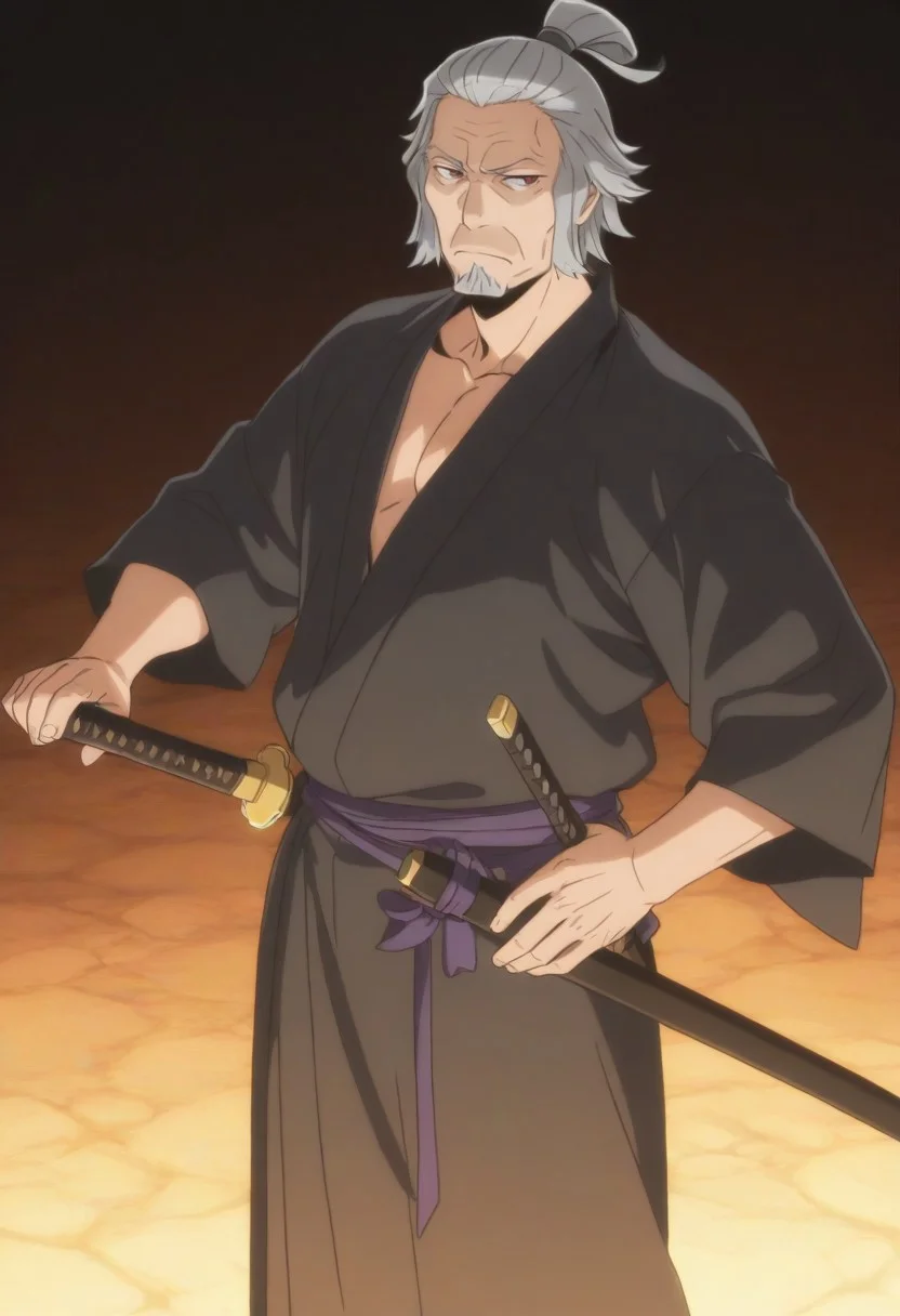 1boy, older male, mature male, An elderly samurai with long, flowing grey hair tied in a loose topknot, his scarred, weathered face exuding wisdom and resolve. He’s dressed in a tattered kimono with muted red and black hues, adorned with battle-worn lightweight armor. His katana, sheathed at his hip, has a rugged hilt wrapped in dark cloth. Rendered in a vibrant anime style inspired by Danmachi—crisp black outlines, soft gradient shading, and a heroic yet grounded presence. The scene is set on a misty battlefield at dawn, with faint warrior silhouettes in the distance and a warm golden glow piercing the fog. Masterpiece, best quality, highly detailed, dynamic composition, dramatic anime lighting. <lora:DanMachi_Style:1>