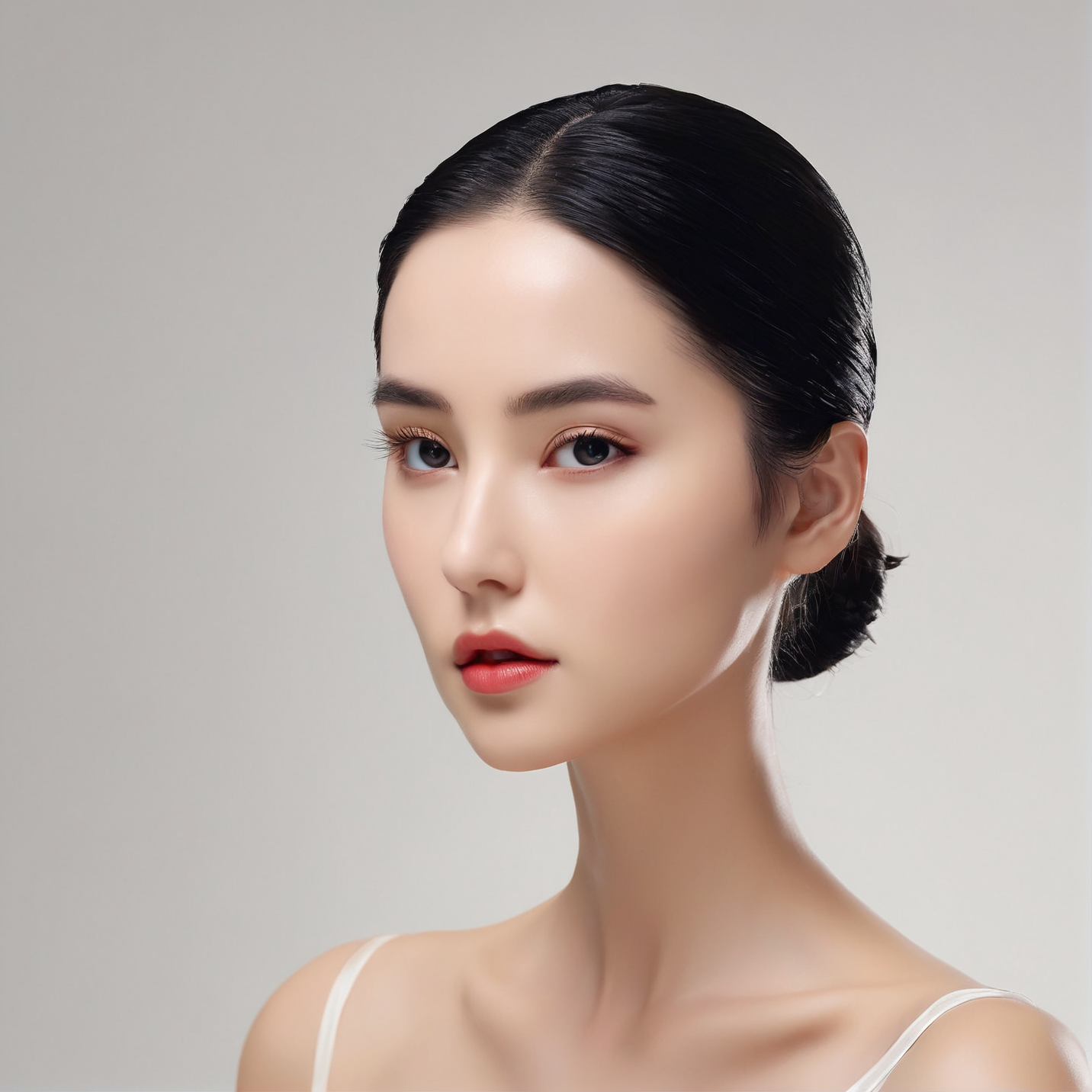 meiye,black hair,realistic,white background,looking at viewer,lips,upper body,black eyes,collarbone,solo,makeup,simple background,1girl,masterpiece,best quality,8k,insane details,intricate details,high detail,((masterpiece)),((best quality)),<lora:bmxl:0.85>,