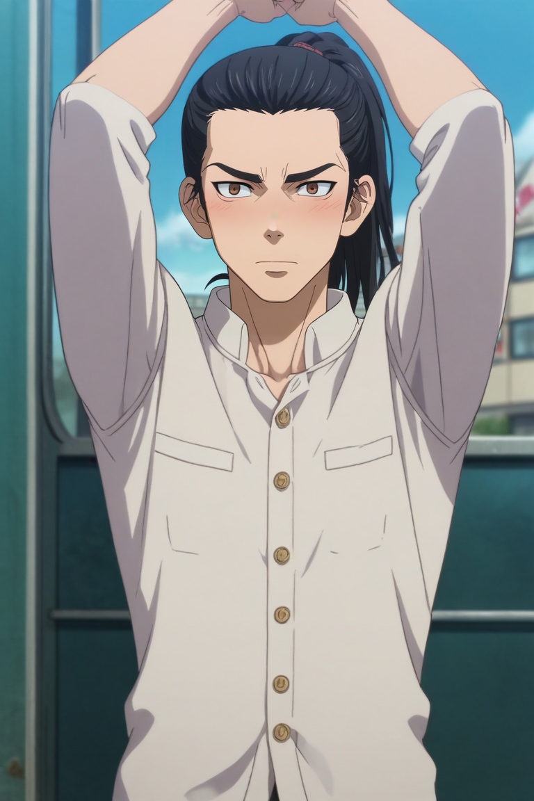 score_9, score_8_up, score_7_up, source_anime, rating_safe, intricate details, anime screencap, , , , depth of field, 1boy, solo, male focus, <lora:keisuke_baji_pony:0.96>, keisuke_baji, black hair, brown eyes, long hair, ponytail, straight-on, full body, bus stop, indoors, arms up, embarrassed, nose blush, , <lora:sdxl_lightning_8step_lora:1>