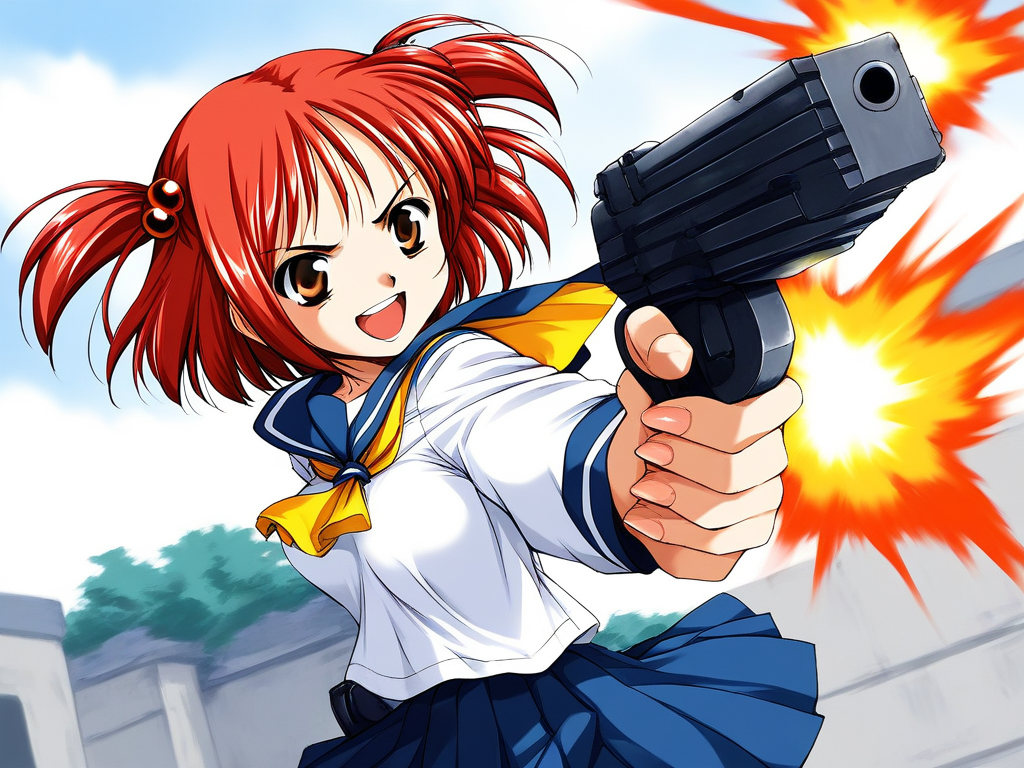 score_9, score_8_up, score_7_up, source_anime, rating_explicit, BREAK  <lora:Megumi_Ver2.0_XL:0.9> Megumi, red hair, short hair, hair bobbles, brown eyes, hair ornament, two side up, twintails, breasts,
1girl, solo, weapon, gun, school uniform, red hair, short hair, firing, serafuku, open mouth, brown eyes, smile
outdoor, day,
