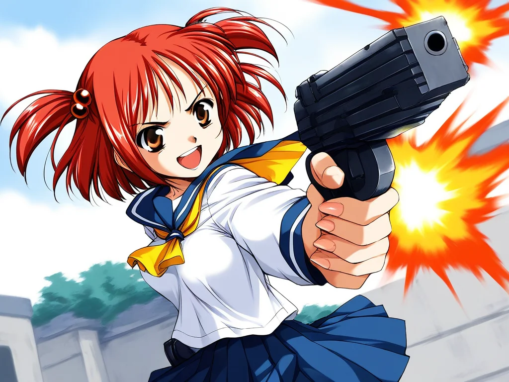 score_9, score_8_up, score_7_up, source_anime, rating_explicit, BREAK <lora:Megumi_Ver2.0_XL:0.9> Megumi, red hair, short hair, hair bobbles, brown eyes, hair ornament, two side up, twintails, breasts,
1girl, solo, weapon, gun, school uniform, red hair, short hair, firing, serafuku, open mouth, brown eyes, smile
outdoor, day,