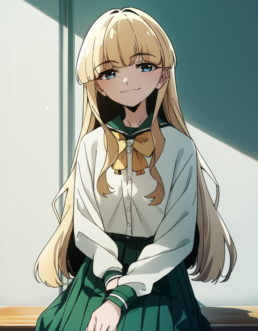 score_9, score_8_up, score_7_up, score_6_up, score_5_up, score_4_up, source_anime,  Kaoruko, solo , school uniform, sitting, smile