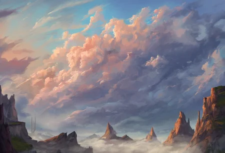 beautiful scenery, half purple sky, half blue sky, majestic landscape, vivid color combinations, wide clouds, amorphous alien artifacts in the horizon, lovecraftian mystery objects, hidden in the fog